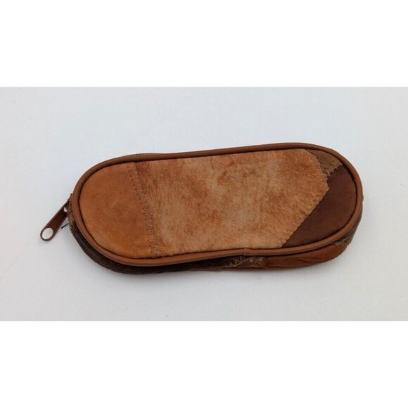 Patchwork Leather Mixed Faux Leather Brown Zippered Pouch Small Make-Up Cosmetic - Picture 1 of 9